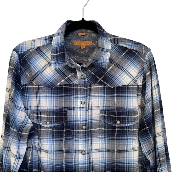 JACHS Girlfriend Bea Snap Front Blue White Plaid Shirt Women’s Size Medium - Picture 3 of 5